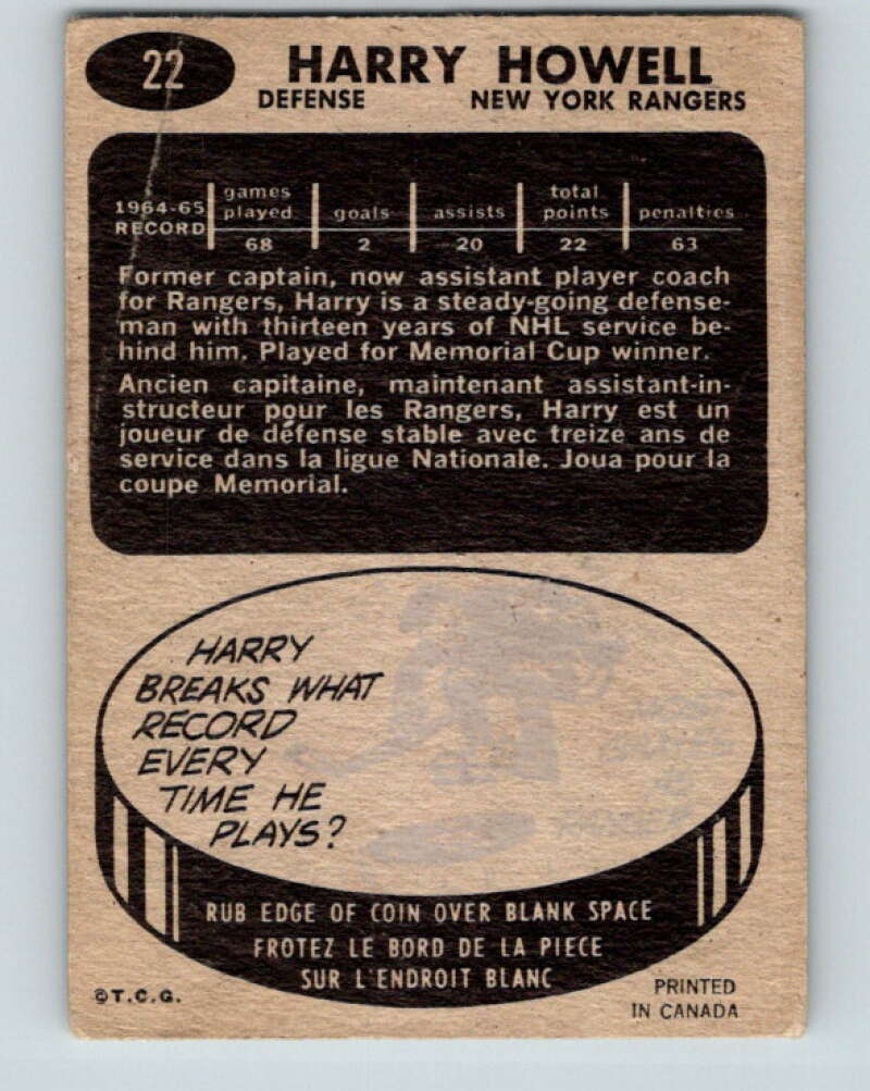 1965-66 Topps #22 Harry Howell  New York Rangers  V489