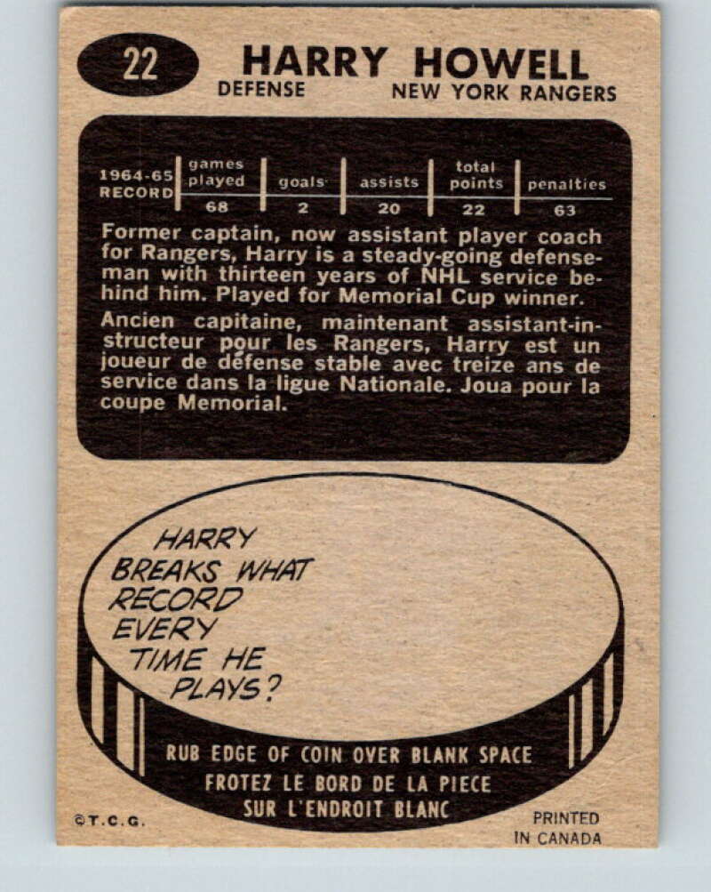 1965-66 Topps #22 Harry Howell  New York Rangers  V490