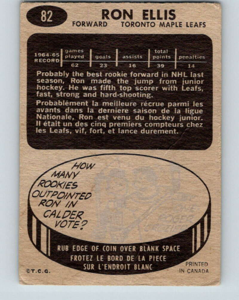1965-66 Topps #82 Ron Ellis  RC Rookie Toronto Maple Leafs  V560