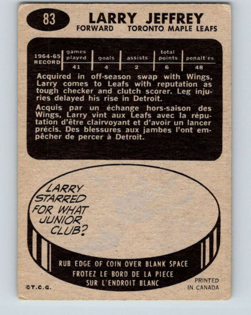 1965-66 Topps #83 Larry Jeffrey  Toronto Maple Leafs  V561