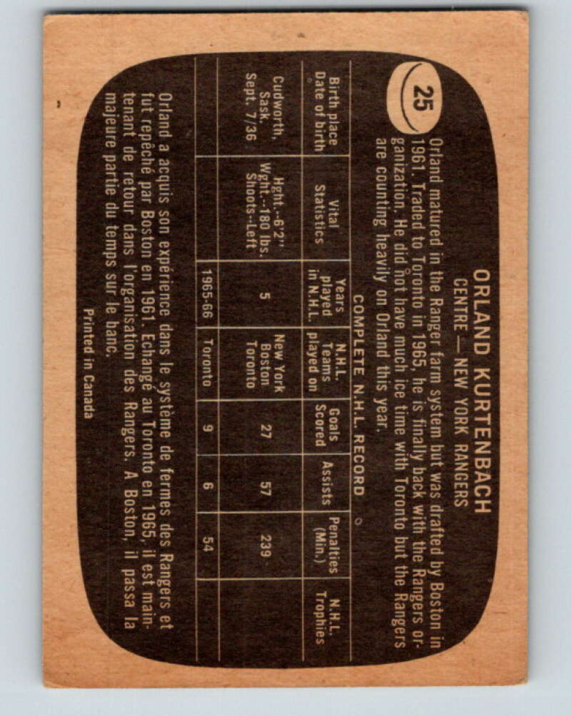 1966-67 Topps #25 Orland Kurtenbach  New York Rangers  V645