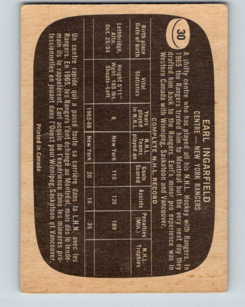 1966-67 Topps #30 Earl Ingarfield  New York Rangers  V651