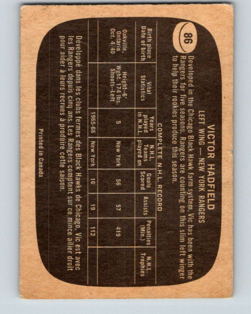 1966-67 Topps #86 Vic Hadfield  New York Rangers  V705