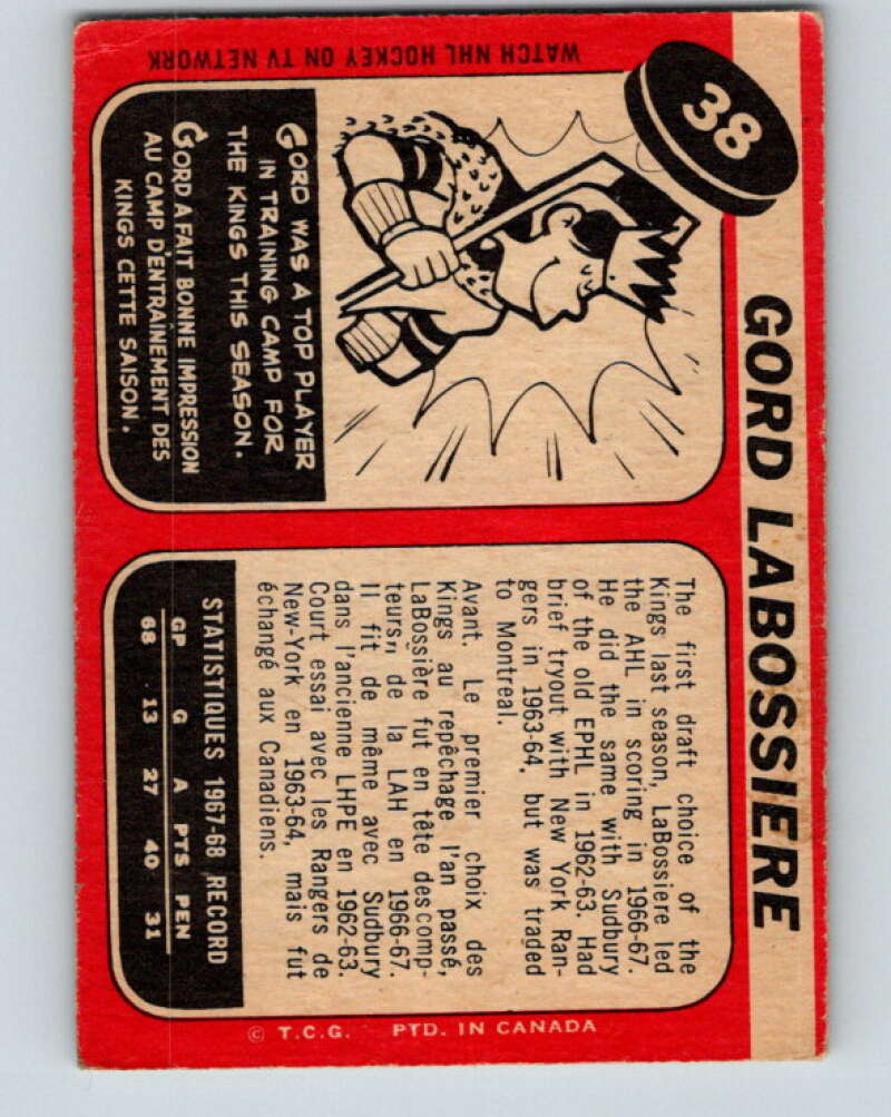 1968-69 O-Pee-Chee #38 Gord Labossiere  RC Rookie Los Angeles Kings  V948