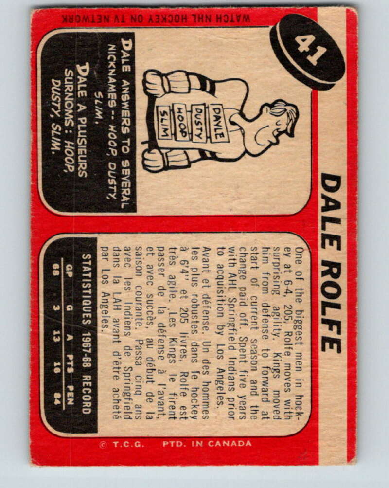 1968-69 O-Pee-Chee #41 Dale Rolfe  RC Rookie Los Angeles Kings  V951