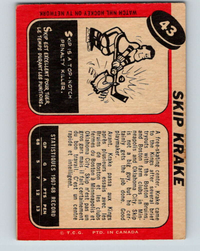 1968-69 O-Pee-Chee #43 Skip Krake UER  Los Angeles Kings  V955