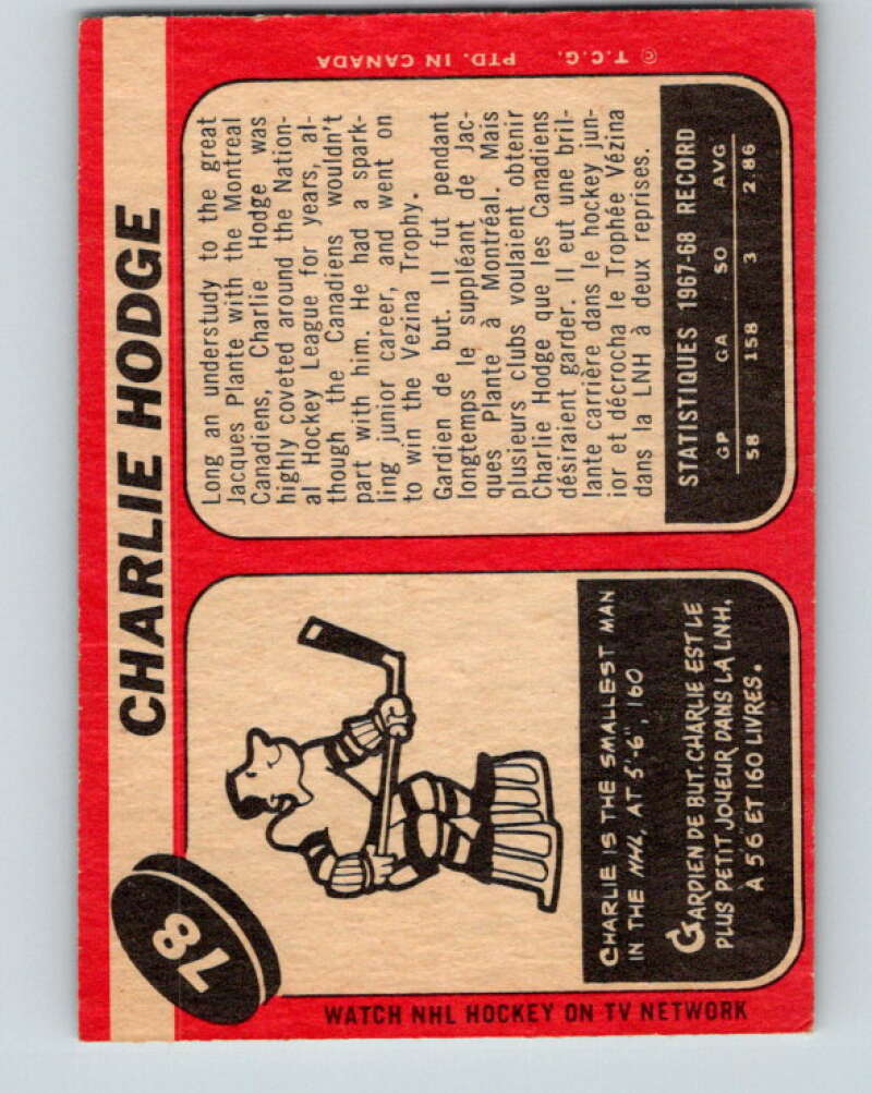 1968-69 O-Pee-Chee #78 Charlie Hodge  Oakland Seals  V1004