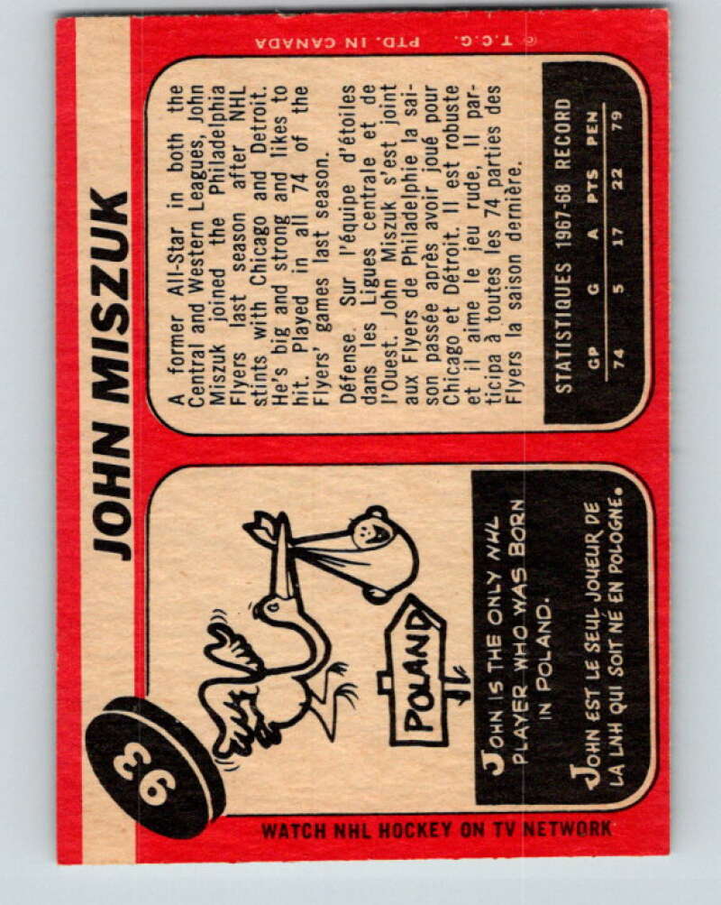 1968-69 O-Pee-Chee #93 John Miszuk  RC Rookie Philadelphia Flyers  V1024