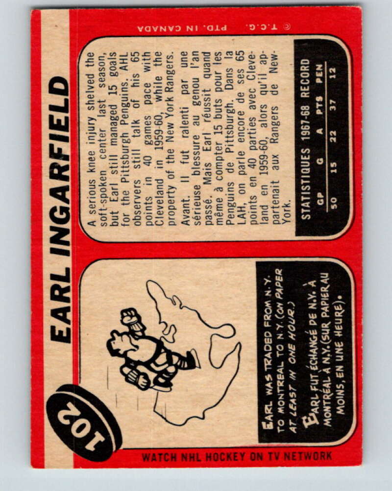 1968-69 O-Pee-Chee #102 Earl Ingarfield  Pittsburgh Penguins  V1037