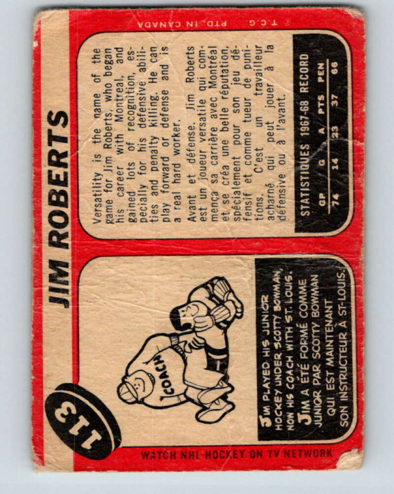 1968-69 O-Pee-Chee #113 Jim Roberts  St. Louis Blues  V1054