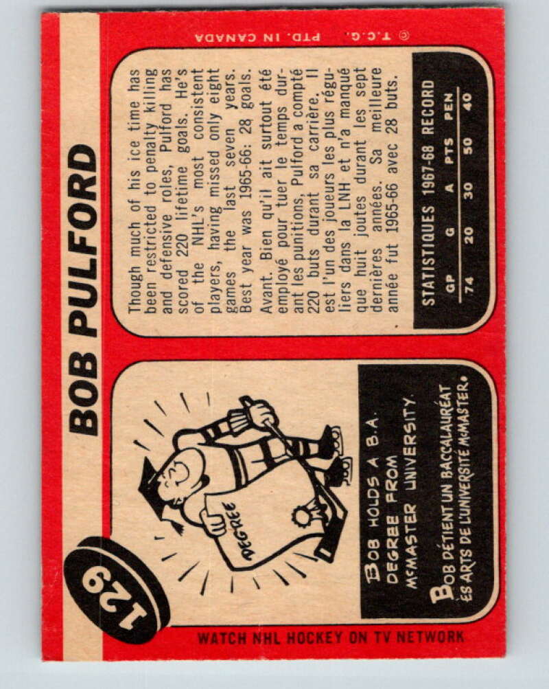 1968-69 O-Pee-Chee #129 Bob Pulford  Toronto Maple Leafs  V1070