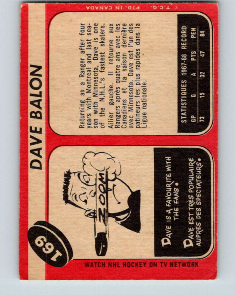 1968-69 O-Pee-Chee #169 Dave Balon  New York Rangers  V1131