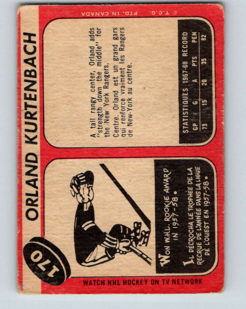 1968-69 O-Pee-Chee #170 Orland Kurtenbach  New York Rangers  V1133