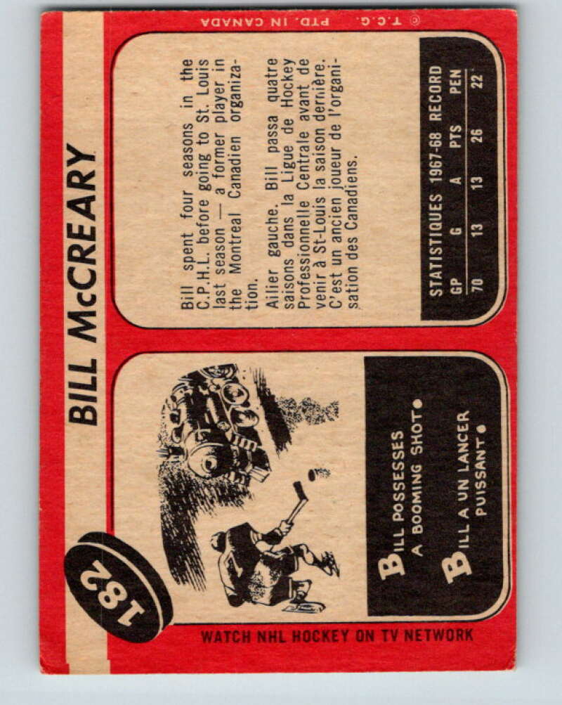 1968-69 O-Pee-Chee #182 Bill McCreary  RC Rookie St. Louis Blues  V1147