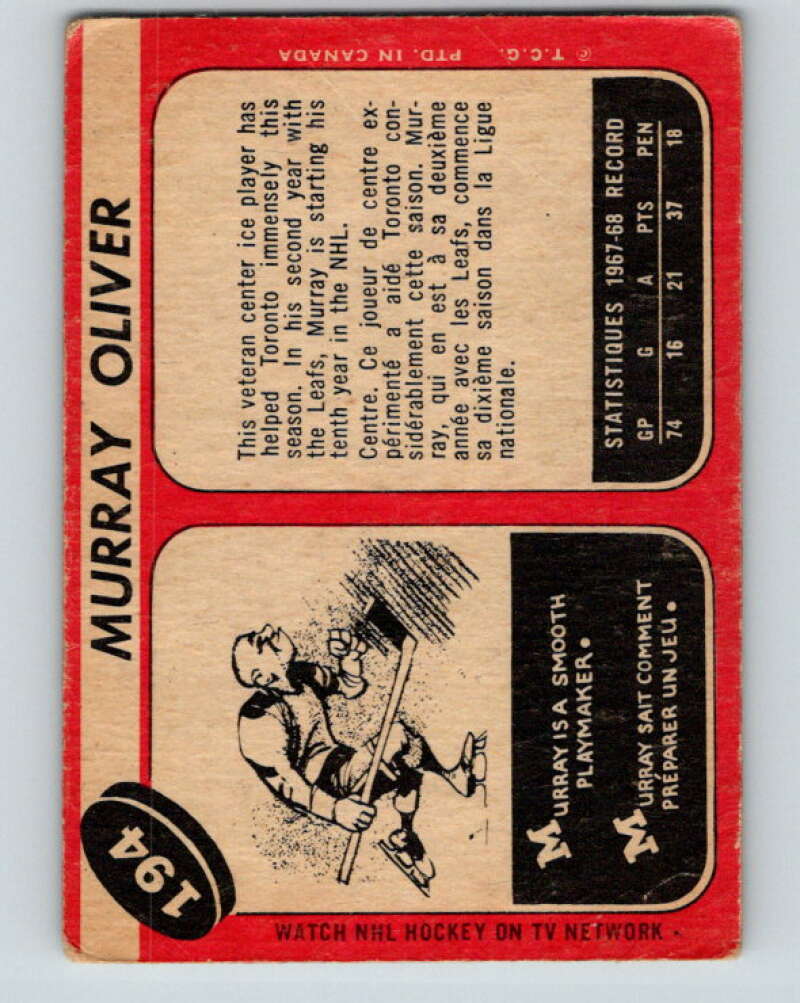 1968-69 O-Pee-Chee #194 Murray Oliver  Toronto Maple Leafs  V1162