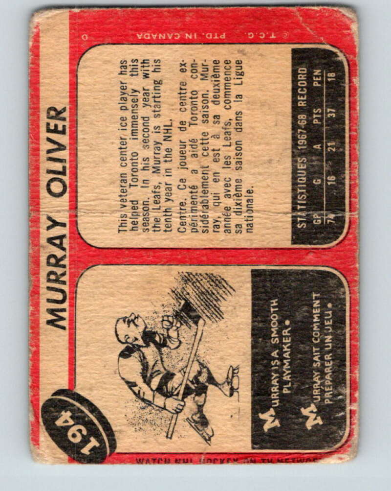 1968-69 O-Pee-Chee #194 Murray Oliver  Toronto Maple Leafs  V1163