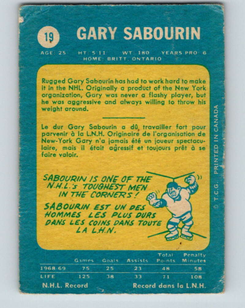 1969-70 O-Pee-Chee #19 Gary Sabourin  St. Louis Blues  V1232