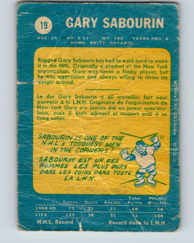 1969-70 O-Pee-Chee #19 Gary Sabourin  St. Louis Blues  V1233