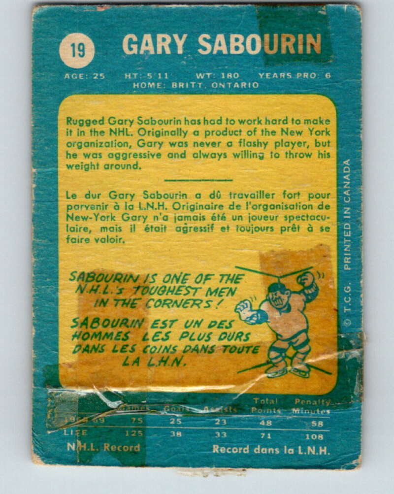 1969-70 O-Pee-Chee #19 Gary Sabourin  St. Louis Blues  V1234