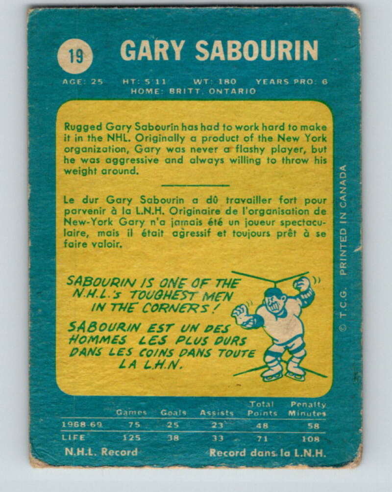 1969-70 O-Pee-Chee #19 Gary Sabourin  St. Louis Blues  V1235