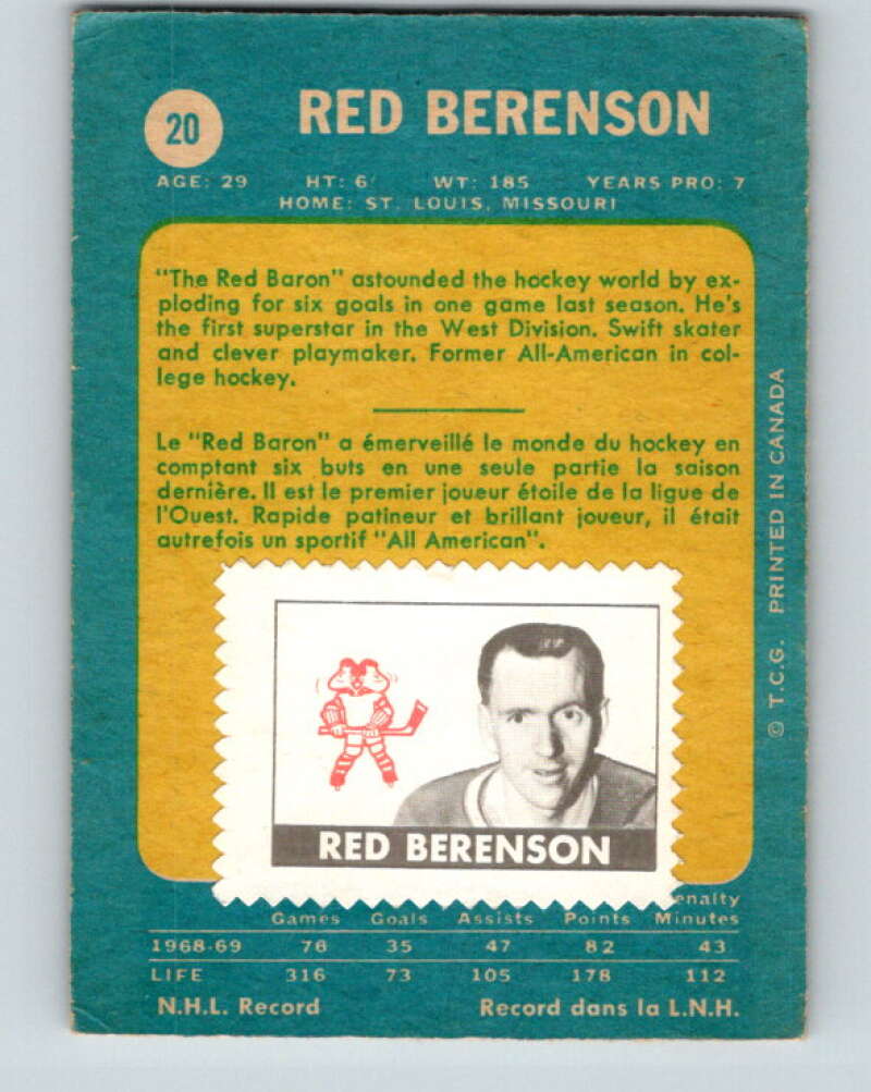 1969-70 O-Pee-Chee #20 Red Berenson  St. Louis Blues  V1238