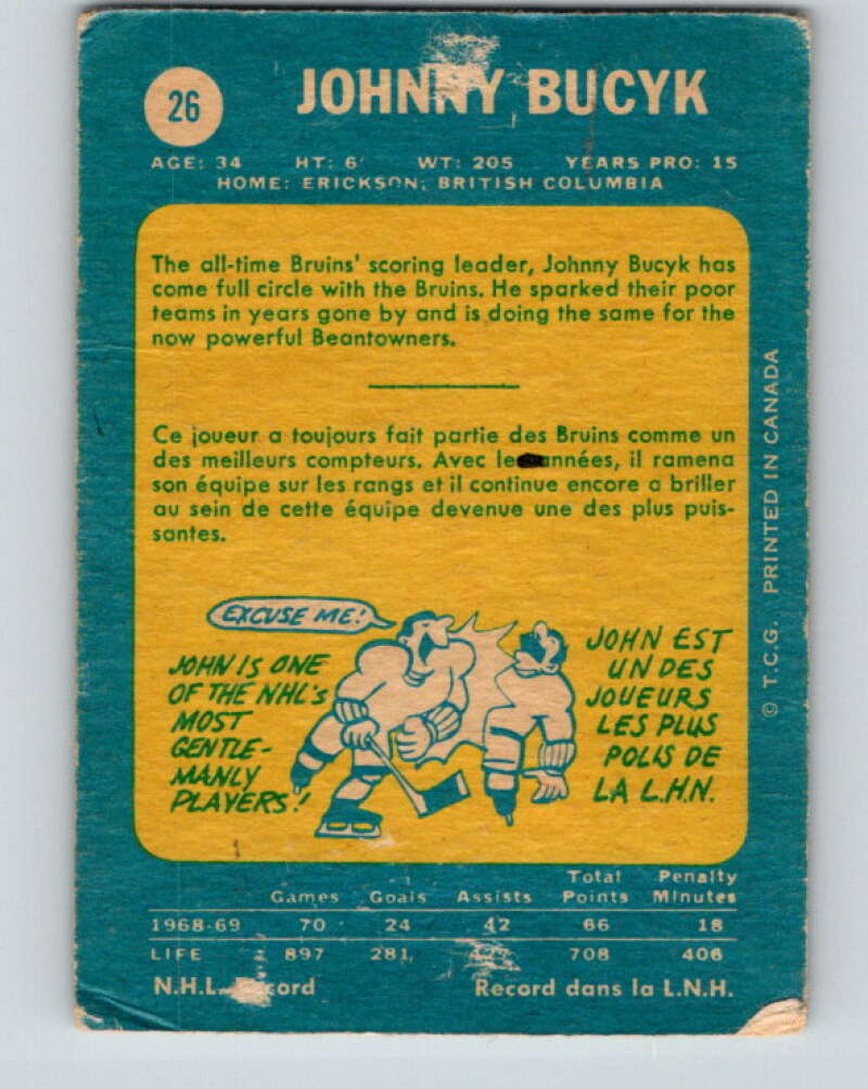 1969-70 O-Pee-Chee #26 Johnny Bucyk  Boston Bruins  V1249