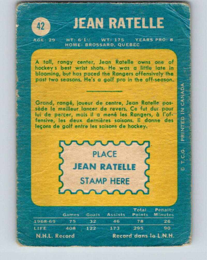 1969-70 O-Pee-Chee #42 Jean Ratelle  New York Rangers  V1283