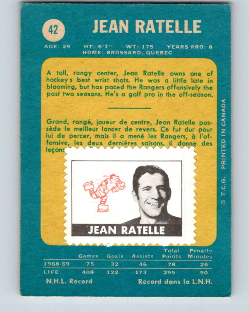 1969-70 O-Pee-Chee #42 Jean Ratelle  New York Rangers  V1284