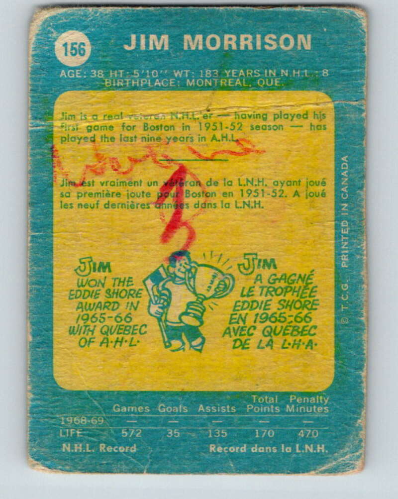 1969-70 O-Pee-Chee #156 Jim Morrison  Pittsburgh Penguins  V1636