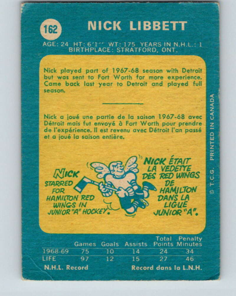 1969-70 O-Pee-Chee #162 Nick Libett  RC Rookie Detroit Red Wings  V1666