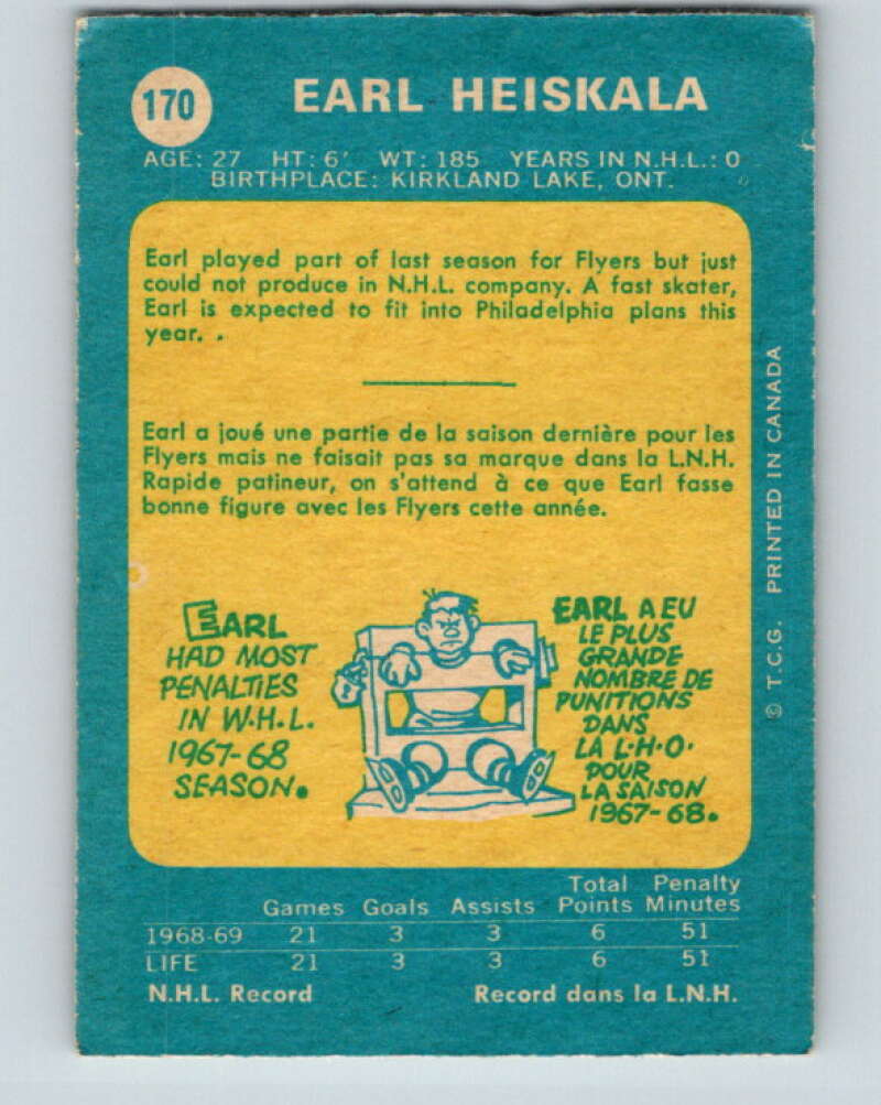 1969-70 O-Pee-Chee #170 Earl Heiskala  RC Rookie Philadelphia Flyers  V1710