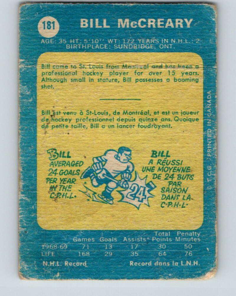 1969-70 O-Pee-Chee #181 Bill McCreary  St. Louis Blues  V1766
