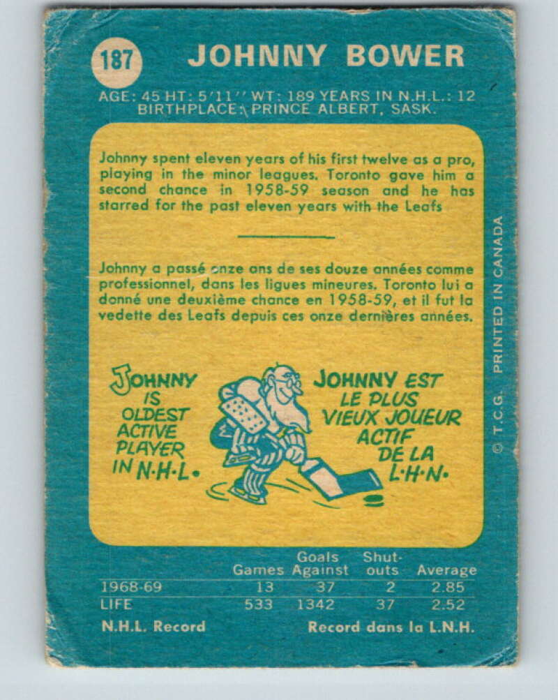 1969-70 O-Pee-Chee #187 Johnny Bower  Toronto Maple Leafs  V1795