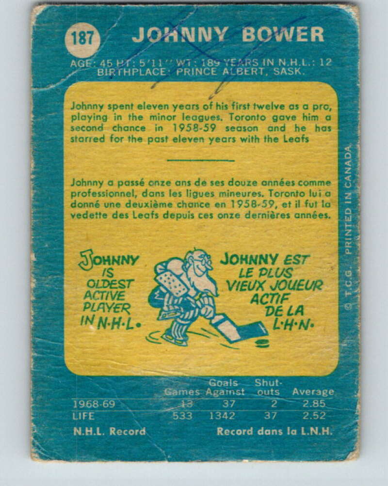 1969-70 O-Pee-Chee #187 Johnny Bower  Toronto Maple Leafs  V1798
