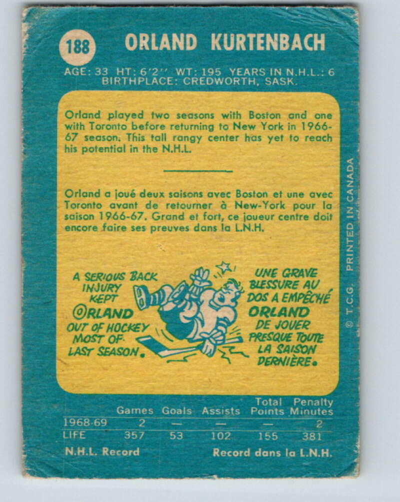 1969-70 O-Pee-Chee #188 Orland Kurtenbach  New York Rangers  V1810