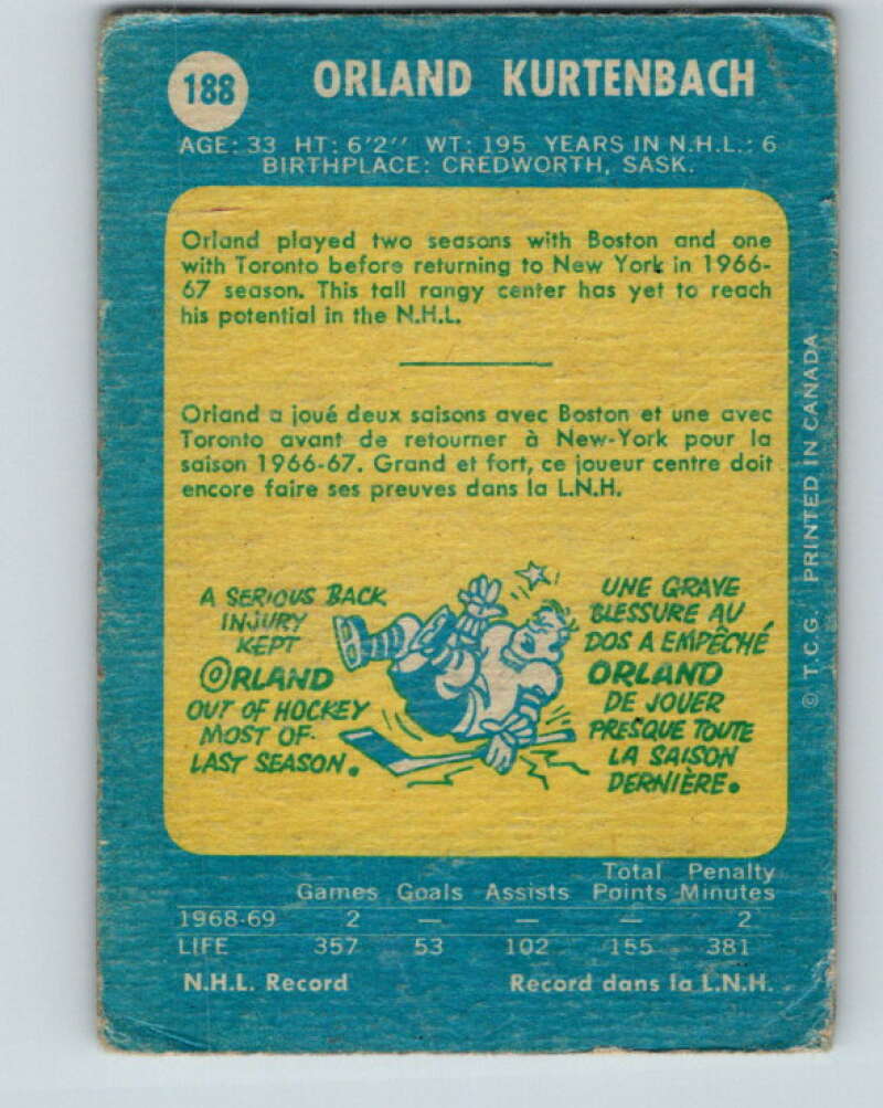 1969-70 O-Pee-Chee #188 Orland Kurtenbach  New York Rangers  V1812