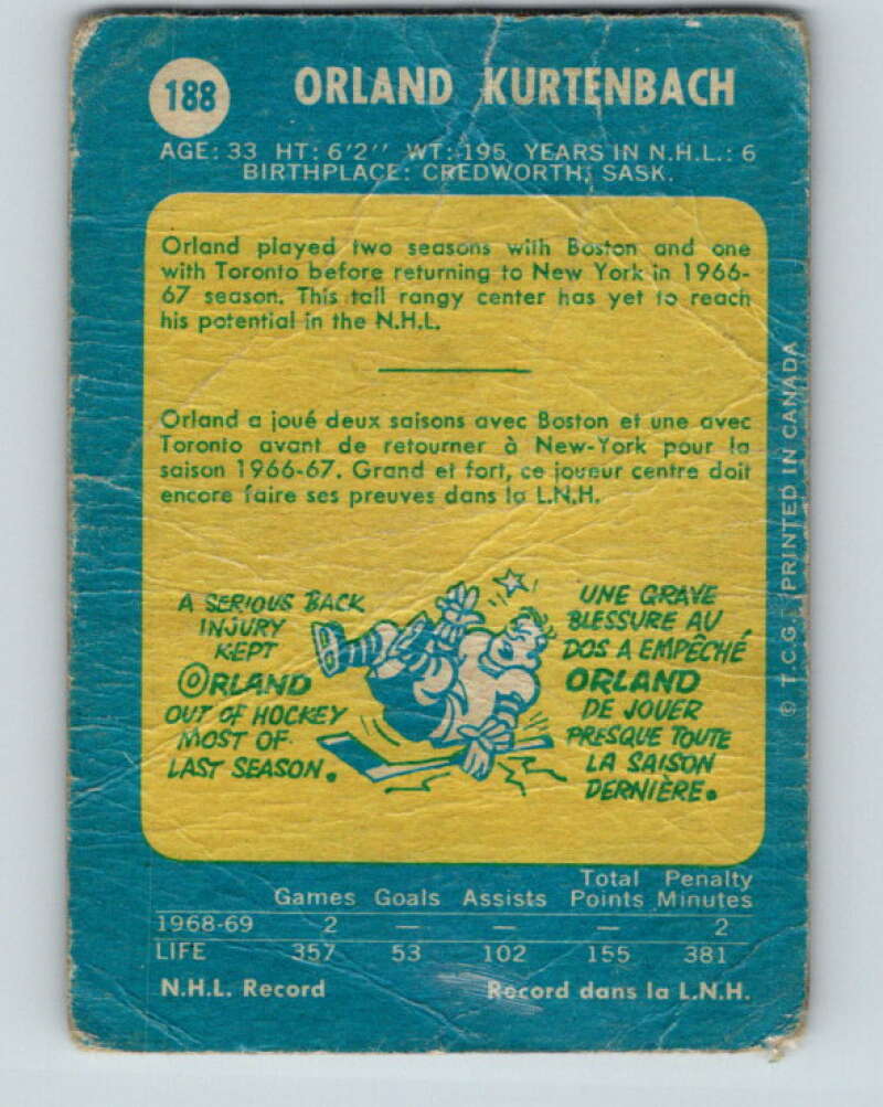 1969-70 O-Pee-Chee #188 Orland Kurtenbach  New York Rangers  V1813