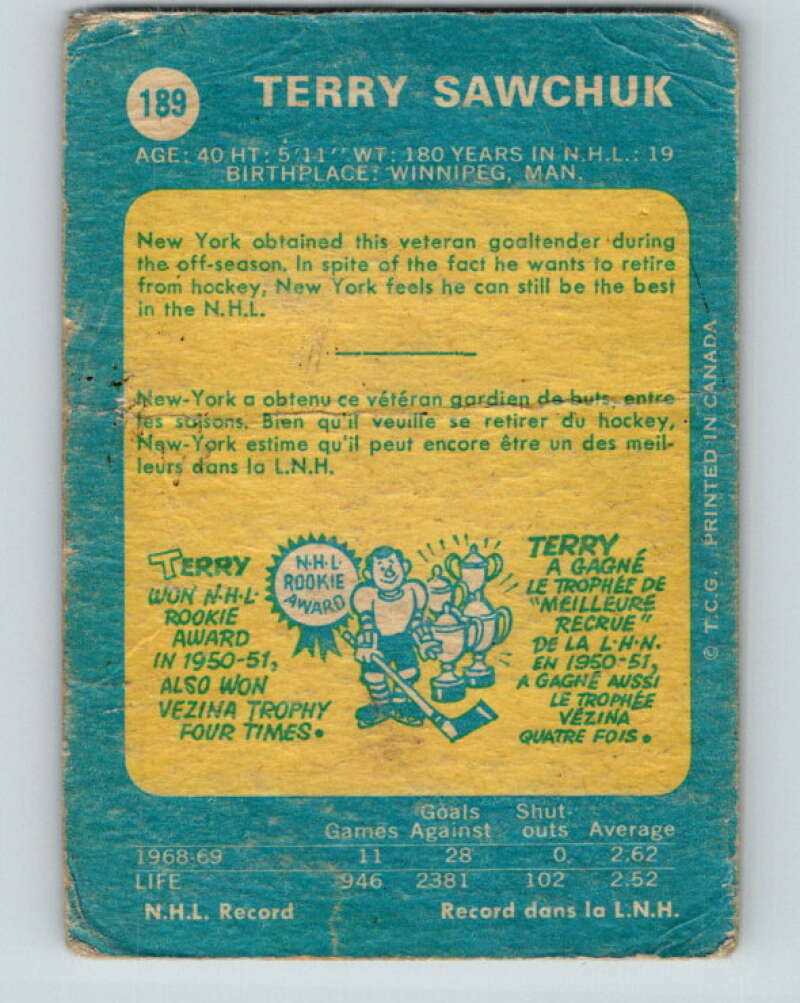 1969-70 O-Pee-Chee #189 Terry Sawchuk  New York Rangers  V1819