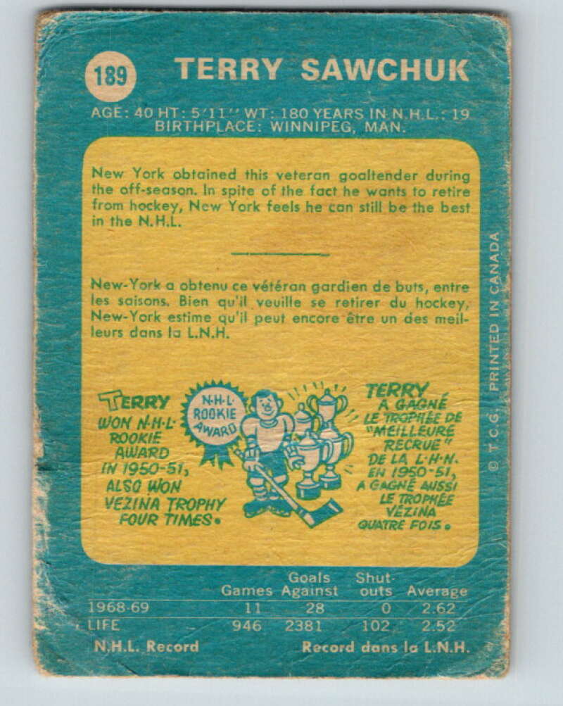 1969-70 O-Pee-Chee #189 Terry Sawchuk  New York Rangers  V1821