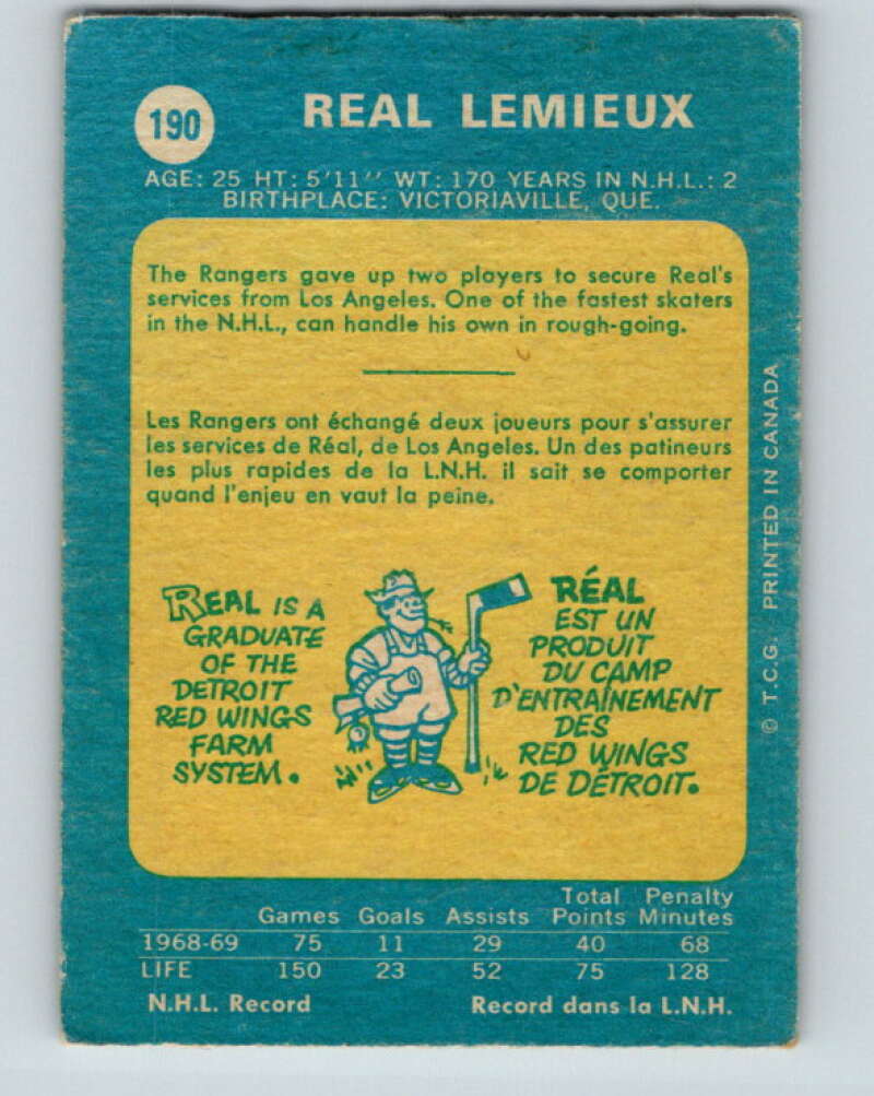 1969-70 O-Pee-Chee #190 Real Lemieux  New York Rangers  V1825
