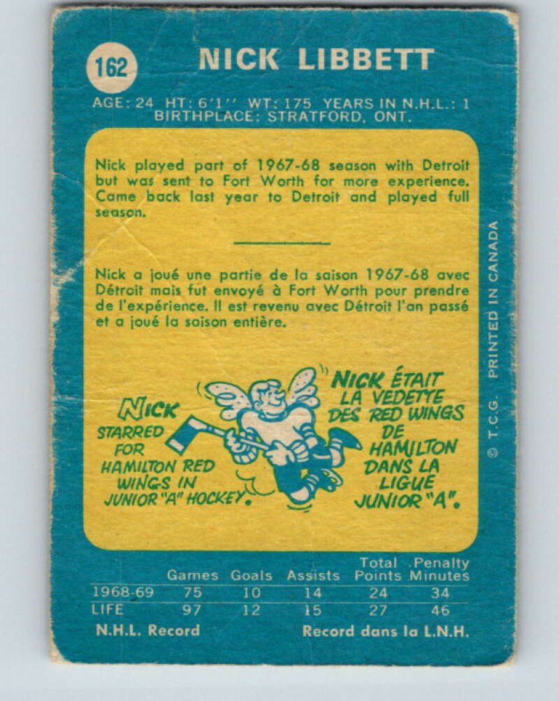 1969-70 O-Pee-Chee #162 Nick Libett  RC Rookie Detroit Red Wings  V1669
