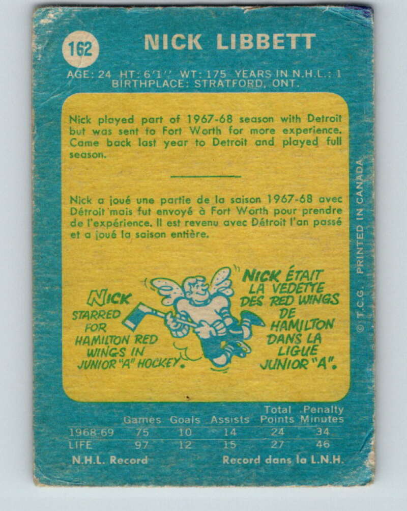 1969-70 O-Pee-Chee #162 Nick Libett  RC Rookie Detroit Red Wings  V1671