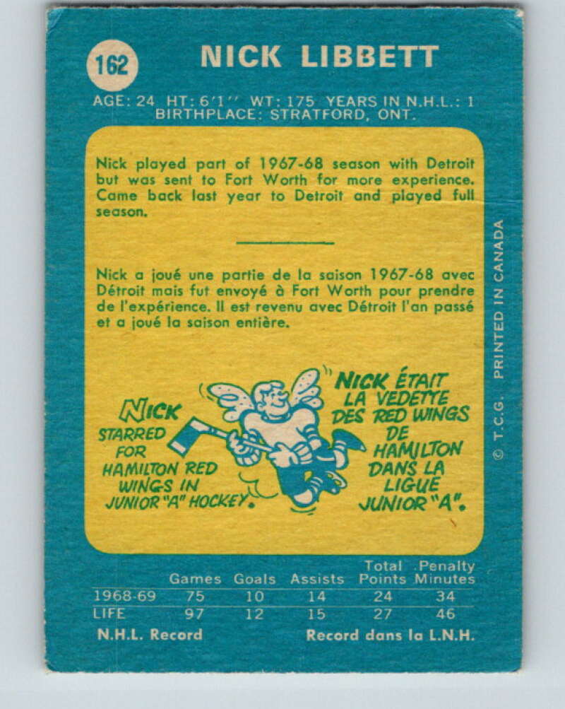 1969-70 O-Pee-Chee #162 Nick Libett  RC Rookie Detroit Red Wings  V1672