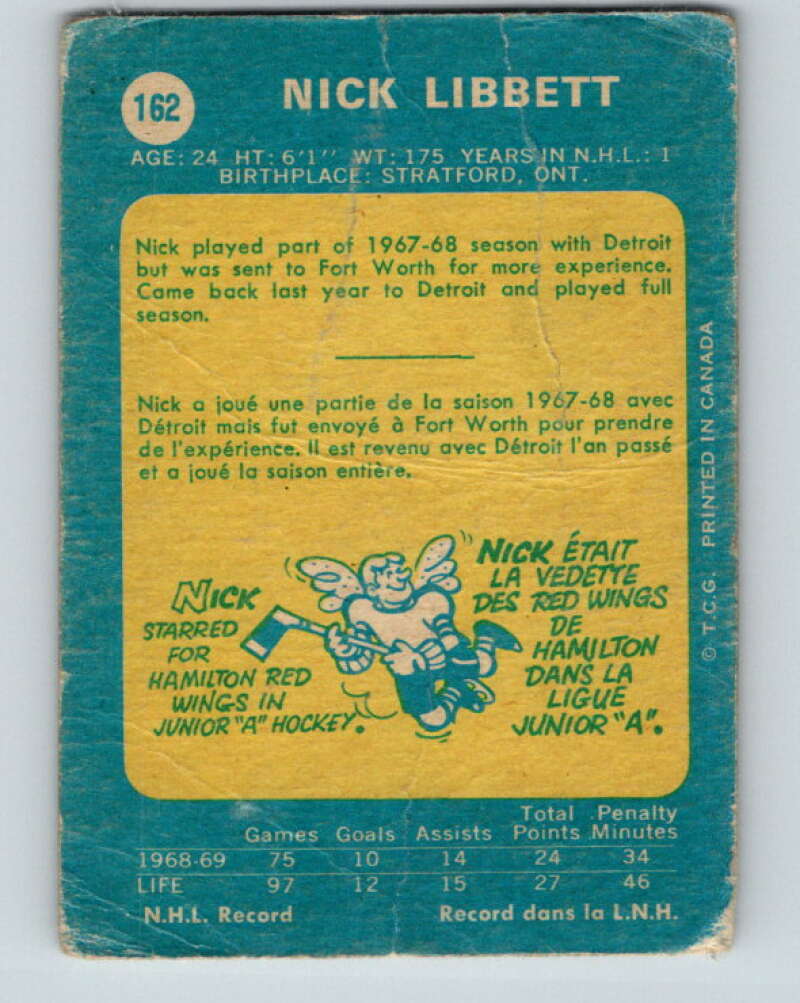 1969-70 O-Pee-Chee #162 Nick Libett  RC Rookie Detroit Red Wings  V1673