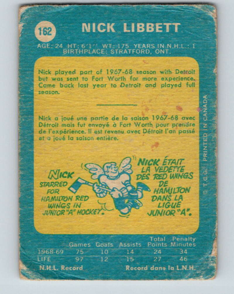 1969-70 O-Pee-Chee #162 Nick Libett  RC Rookie Detroit Red Wings  V1674