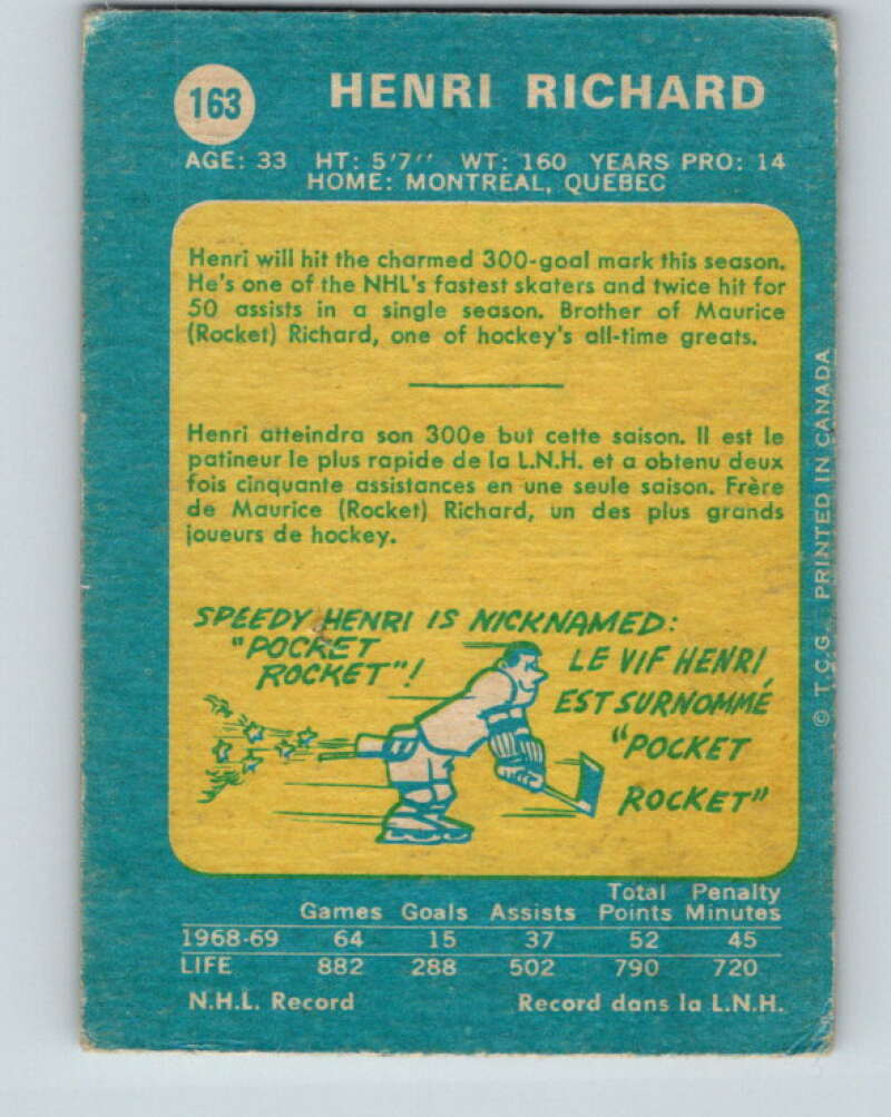 1969-70 O-Pee-Chee #163 Henri Richard  Montreal Canadiens  V1675