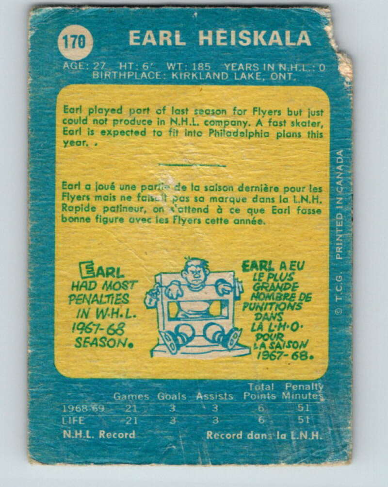 1969-70 O-Pee-Chee #170 Earl Heiskala  RC Rookie Philadelphia Flyers  V1708