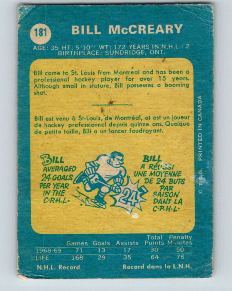 1969-70 O-Pee-Chee #181 Bill McCreary  St. Louis Blues  V1767
