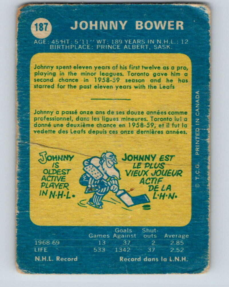 1969-70 O-Pee-Chee #187 Johnny Bower  Toronto Maple Leafs  V1800
