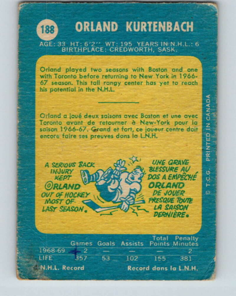 1969-70 O-Pee-Chee #188 Orland Kurtenbach  New York Rangers  V1808
